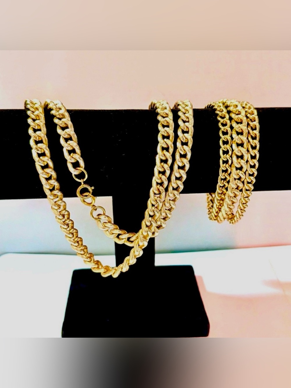 VTG Gold Tone Chunky Curb Chain Statement Set-Necklace & Triple Strand Bracelet